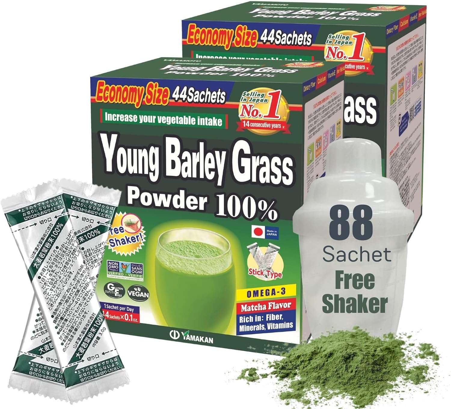 Yamamoto Kanpoh YAMAKAN Young Barley Grass Powder, Grass Juice Rich in Minerals, Vitamins & Plant-Based Protein for Women & Men, Barley Grass Juice Powder from Japan, Non GMO 88 Portable Sachets