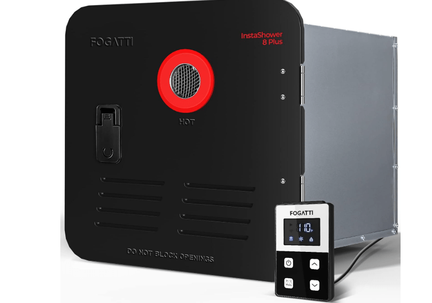 FOGATTI RV Tankless Water Heater, with 15 x 15 inches Black Door and Remote Controller, DC 12V, Best High Altitude Performance, Ideal for RVers' Everyday Use, InstaShower 8 Plus, Gen 2