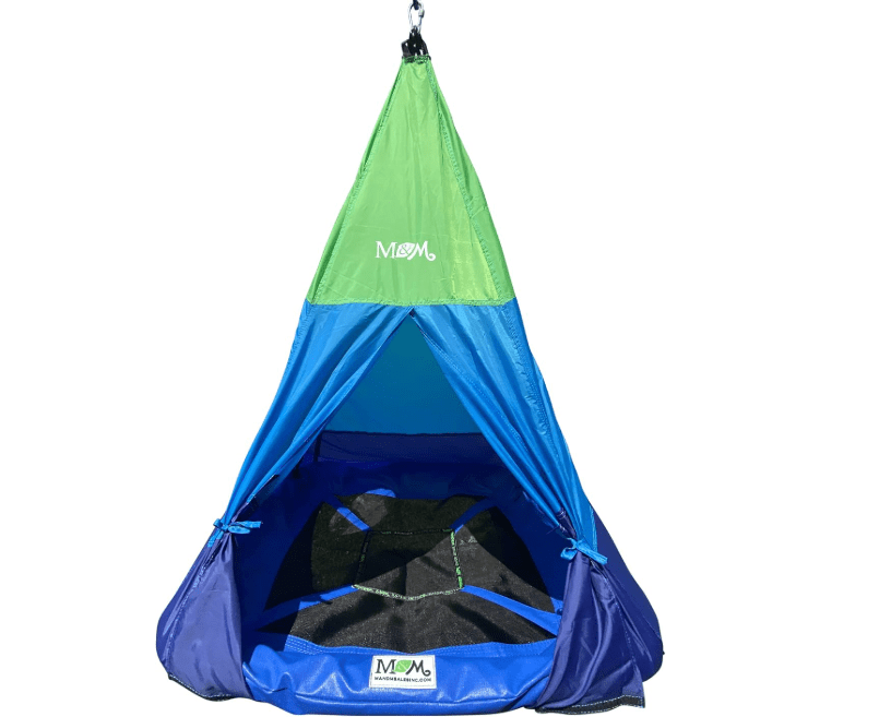 M & M Sales Enterprises Outdoor Teepee Tent Swing, 39in Textilene Platform, Colorful Detachable Tent, Hanging Tree Fort, 250 Lbs., Single or Multi-Rider