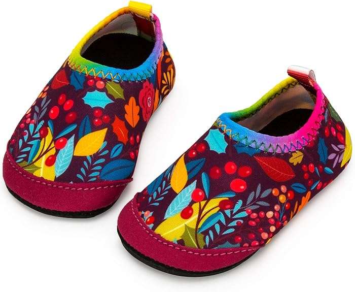 Baby Water Shoes Barefoot Swim Shoes Quick Dry Non-Slip Aqua Socks for Toddler Boys Girls, Leaves/Fuchsia, 4-5 US Toddler