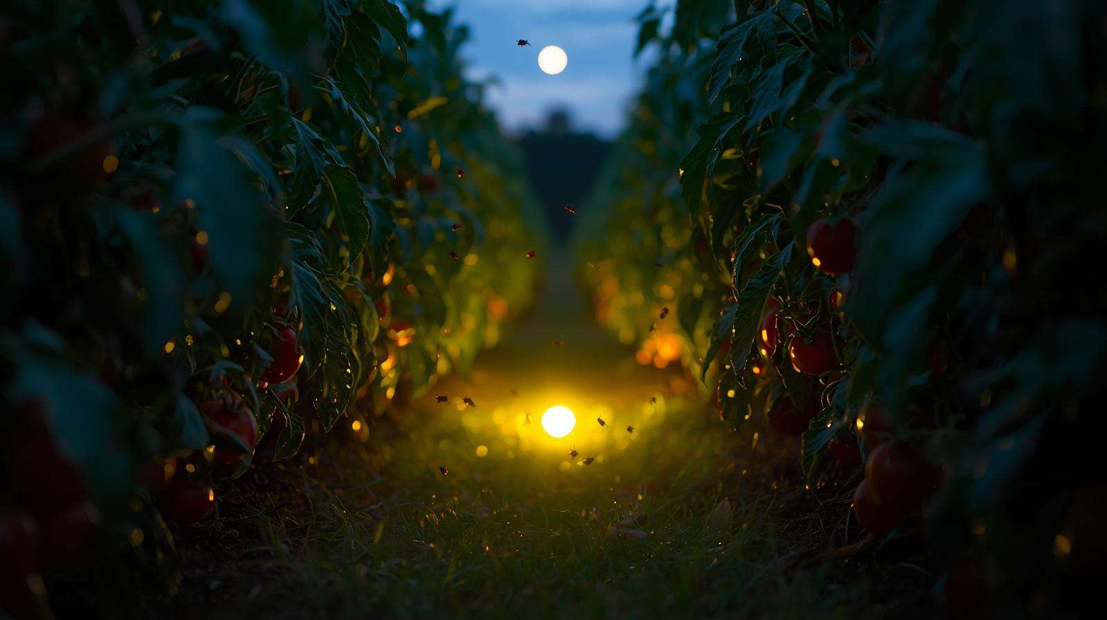 Yellow LED stink bug trap glowing at 4 ft height in tomato crop at dusk