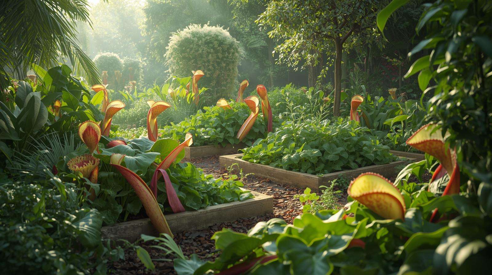 Giant Venus fly traps in a sustainable garden setup near vegetable patches with thriving plants.