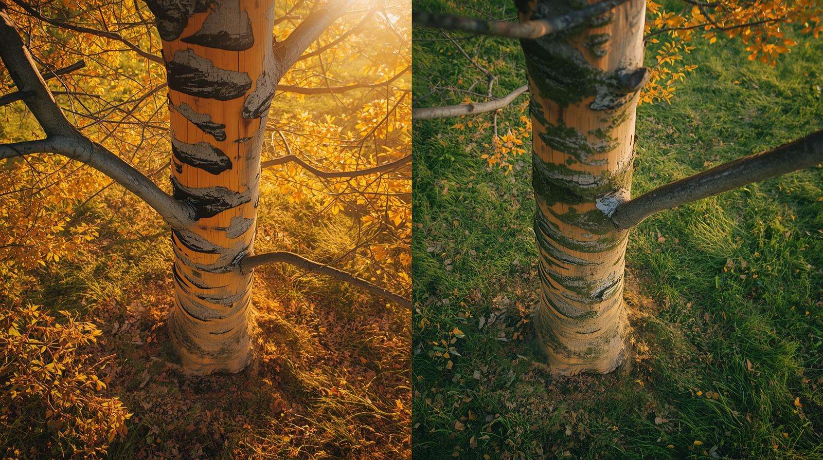 Before and after sunscald damage on bark on maple trees showing peeling vs. healed callus tissue.