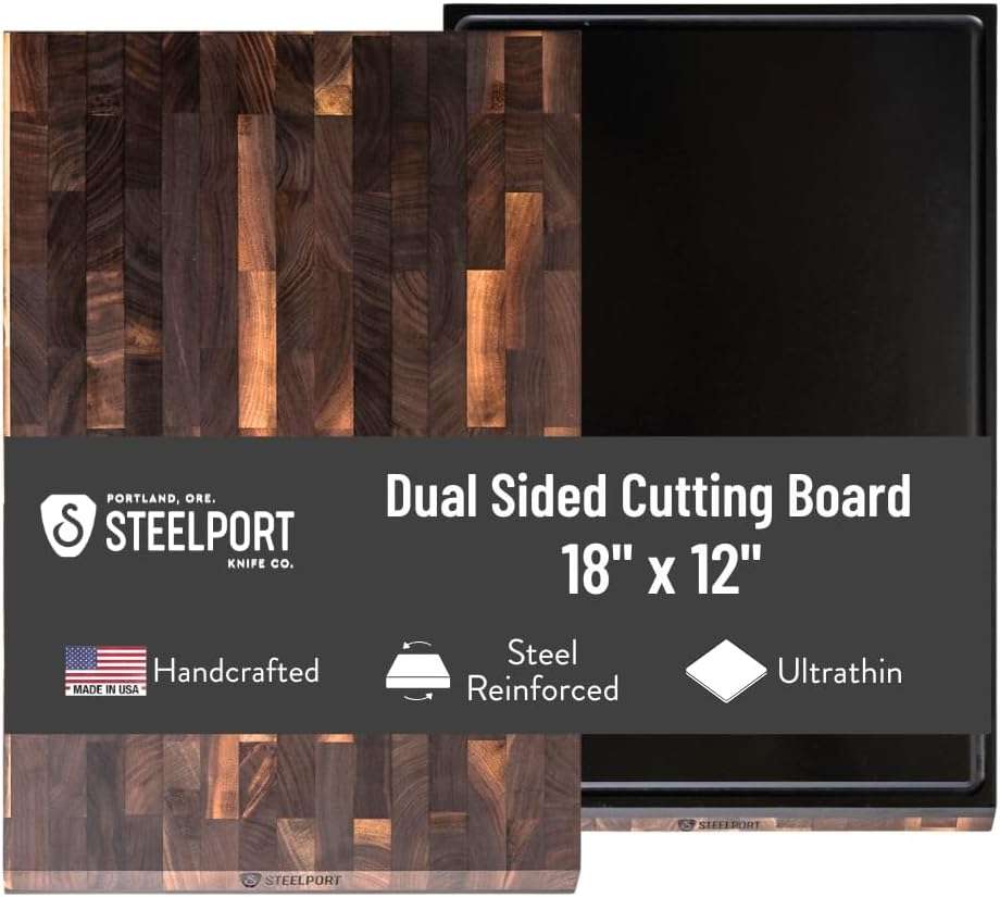 STEELPORT 18”x12” SteelCore Cutting Board – Dual Surface Walnut Wood & Composite Side | Steel Reinforced, Handcrafted Chopping Board with Juice Groove | Made in USA for Home & Professional Chefs