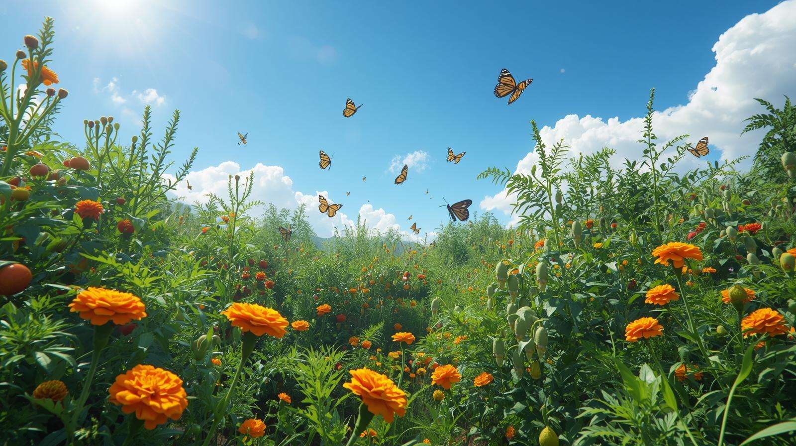 Permaculture companion planting with marigolds, tomatoes, and legumes attracting bees.