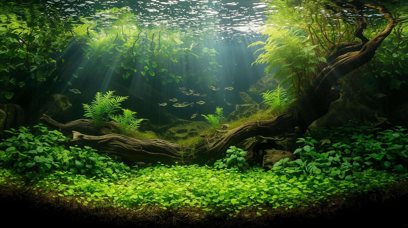 Low-tech planted ecology fish tank with duckweed, vallisneria, and white cloud minnows