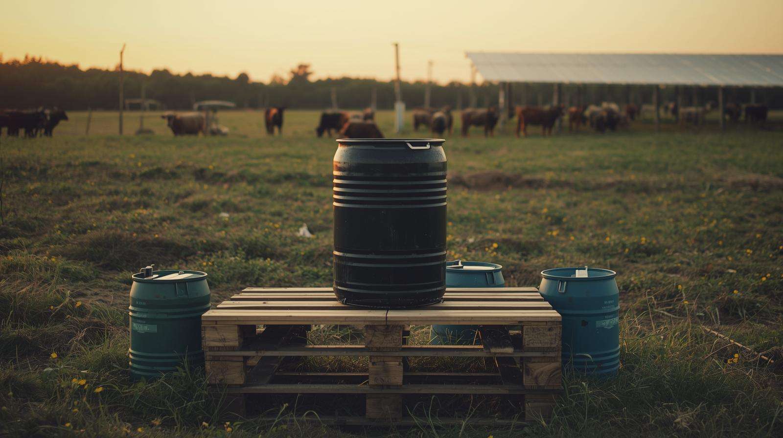 Solar-powered ecological leather tanning drum on permaculture farm with cattle and rainwater harvesting