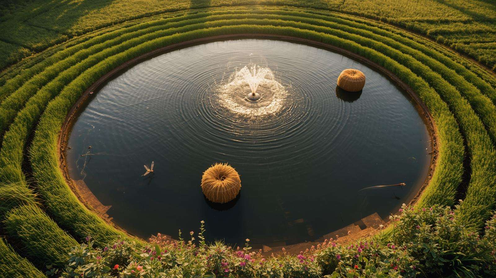 Permaculture-designed farm pond with swales, vetiver contours, and solar aeration