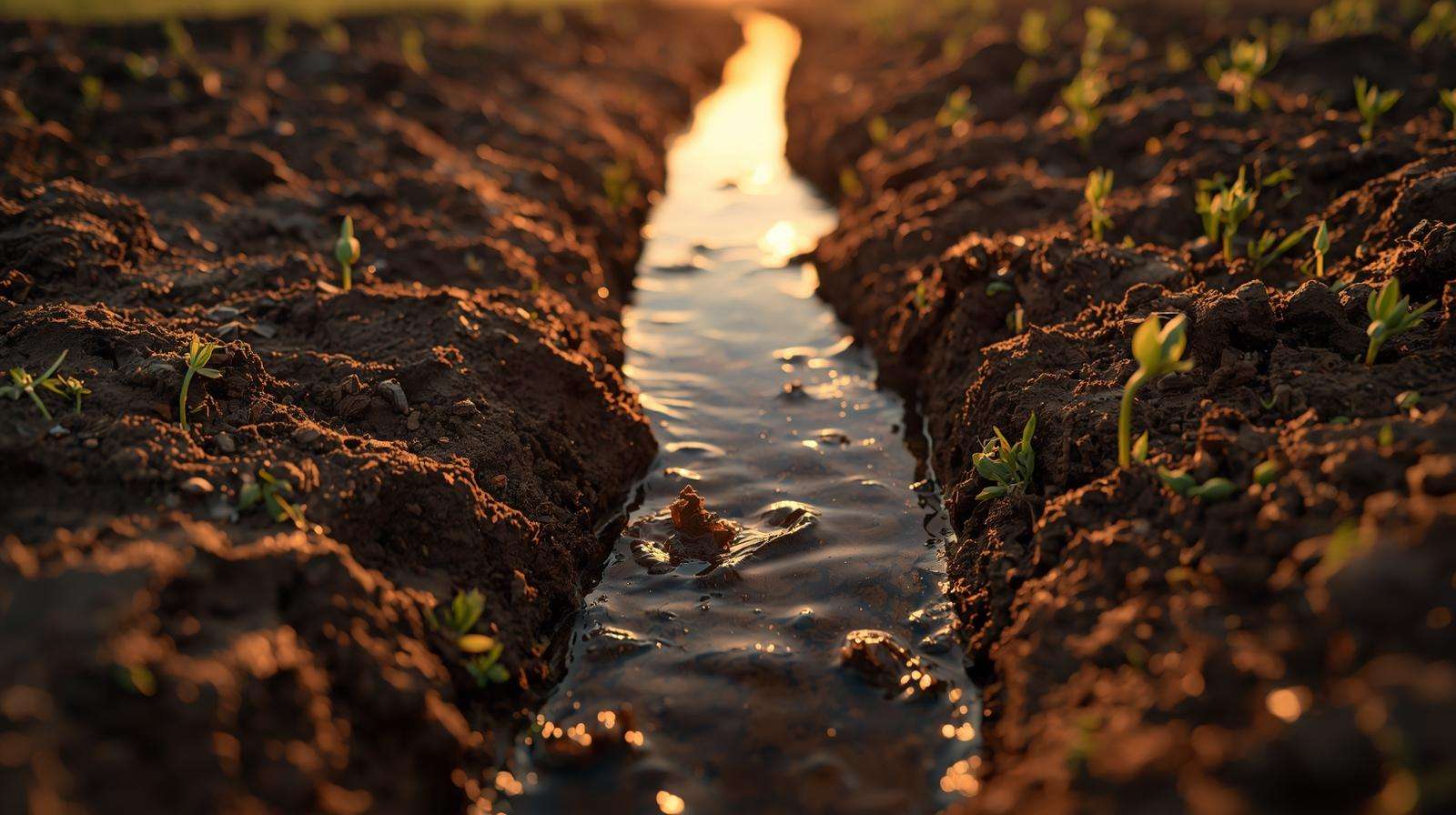 Keyline swale filled by rain with sheep hoof prints seeding cover crops, demonstrating 400 % infiltration gain in permaculture wool system.