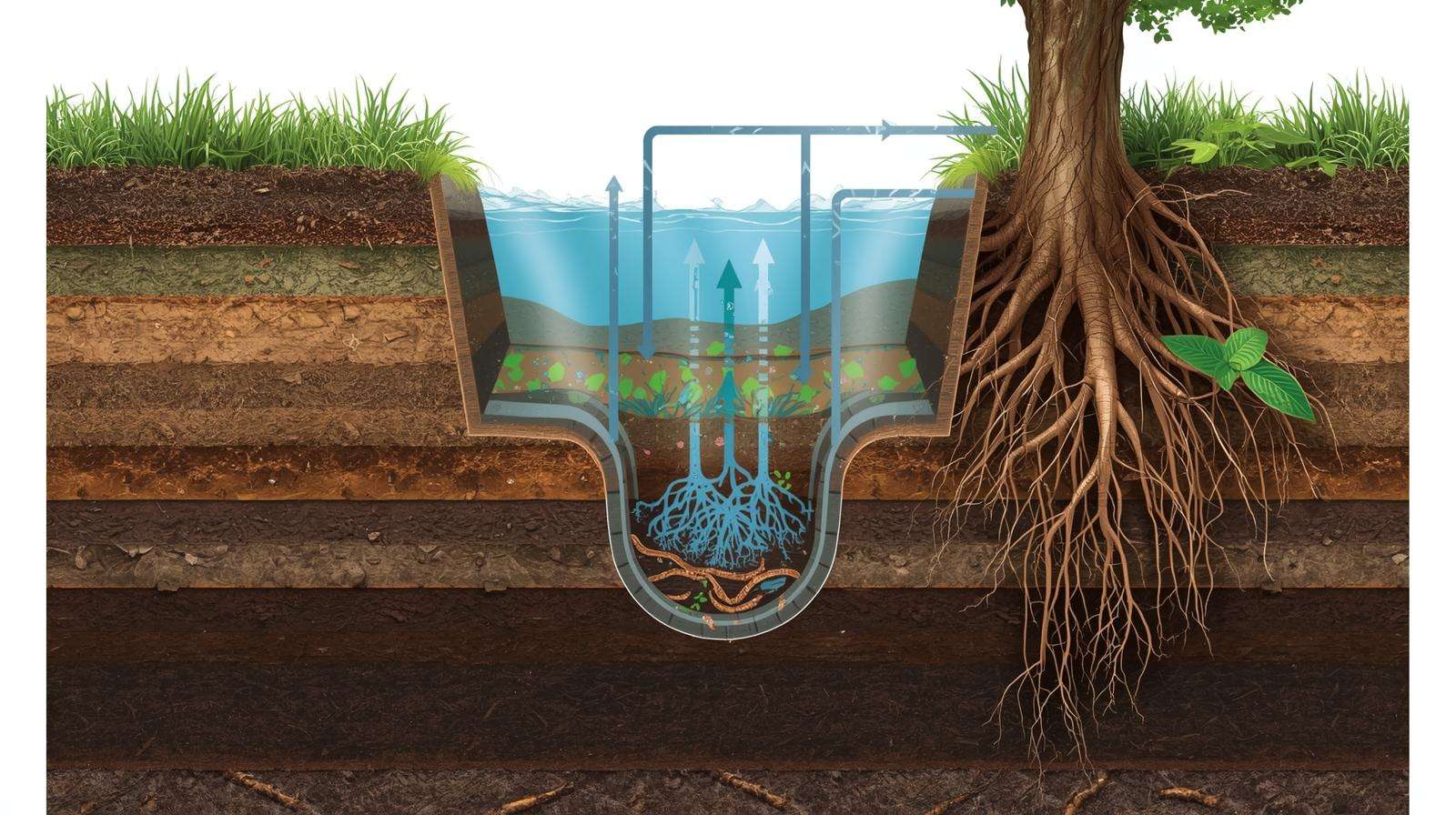 Cross-section of berm and swale showing water infiltration, soil layers, and root systems in permaculture design