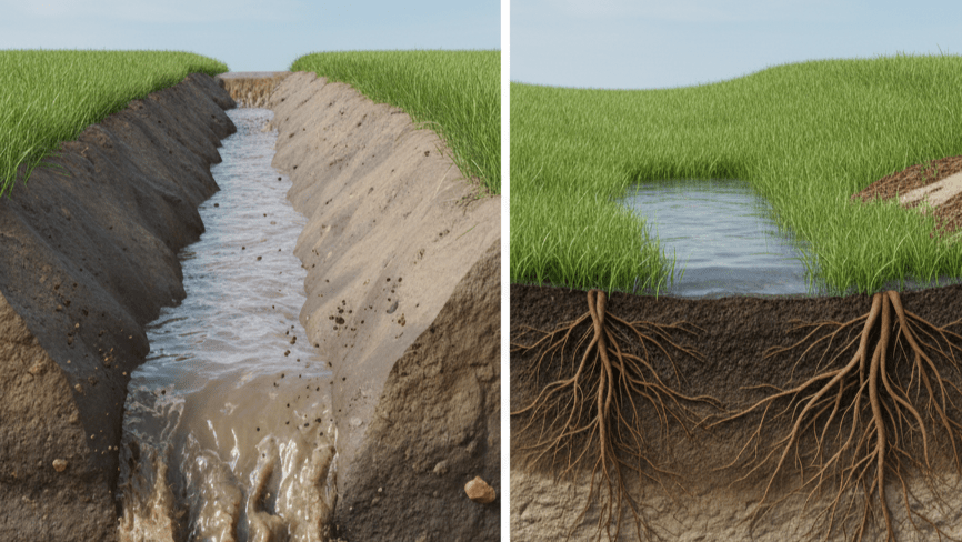 cross-section of swale vs ditch infiltration showing water soaking into soil in swale while eroding ditch