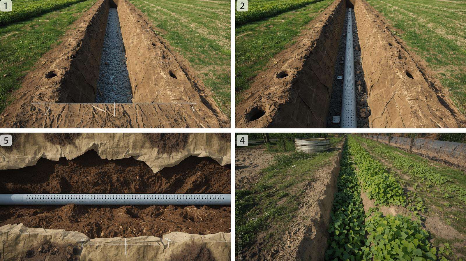 Step-by-step French drain installation showing trench, pipe, and backfill in aquaponics farm