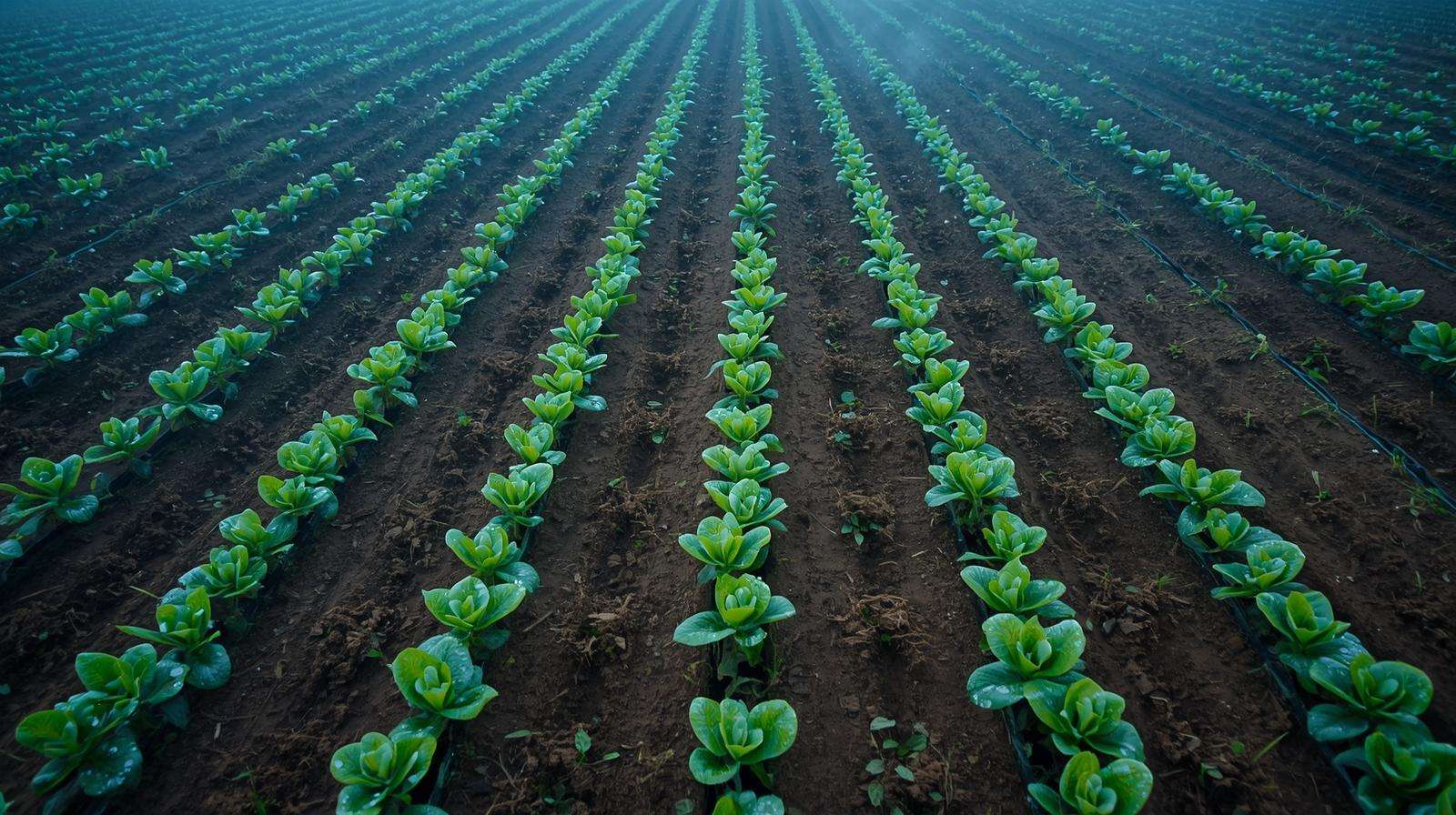 Overhead view of young cornfield lettuce seedlings planted on 5-inch grid between 12-inch corn rows in Zone 7 permaculture guild