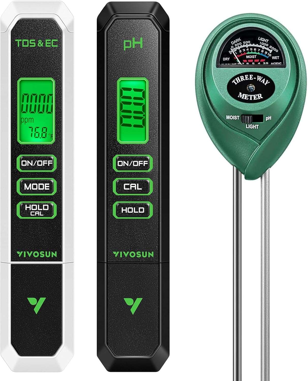 VIVOSUN Digital pH Meter, 3-in-1 TDS/EC/Temperature Meter, 3-in-1 Soil Moisture/pH/Light Tester Combo for Home, Garden and Hydroponics