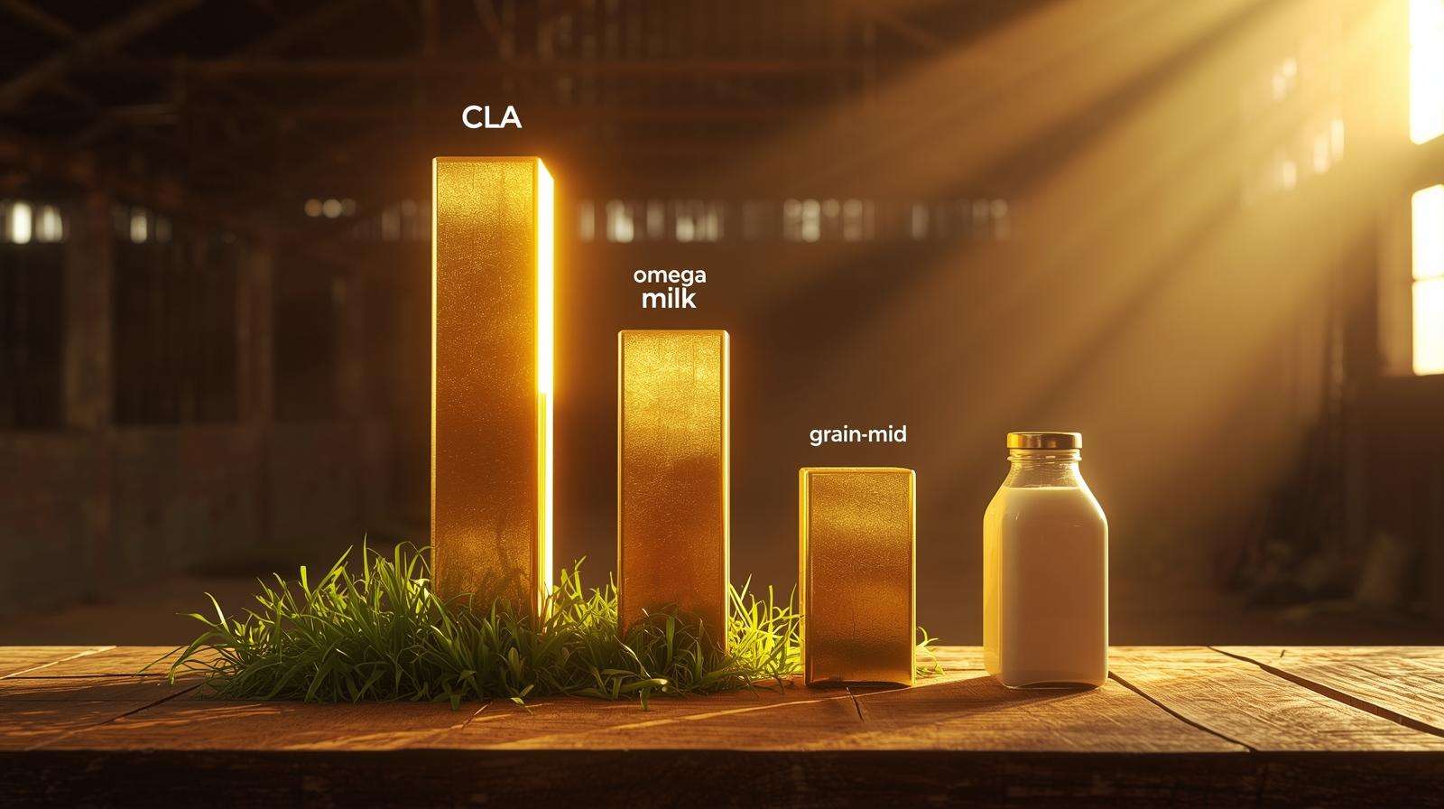 Visual nutrient comparison proving A2 grass fed milk has up to 420% more CLA and 3.8× more omega-3 than regular milk.