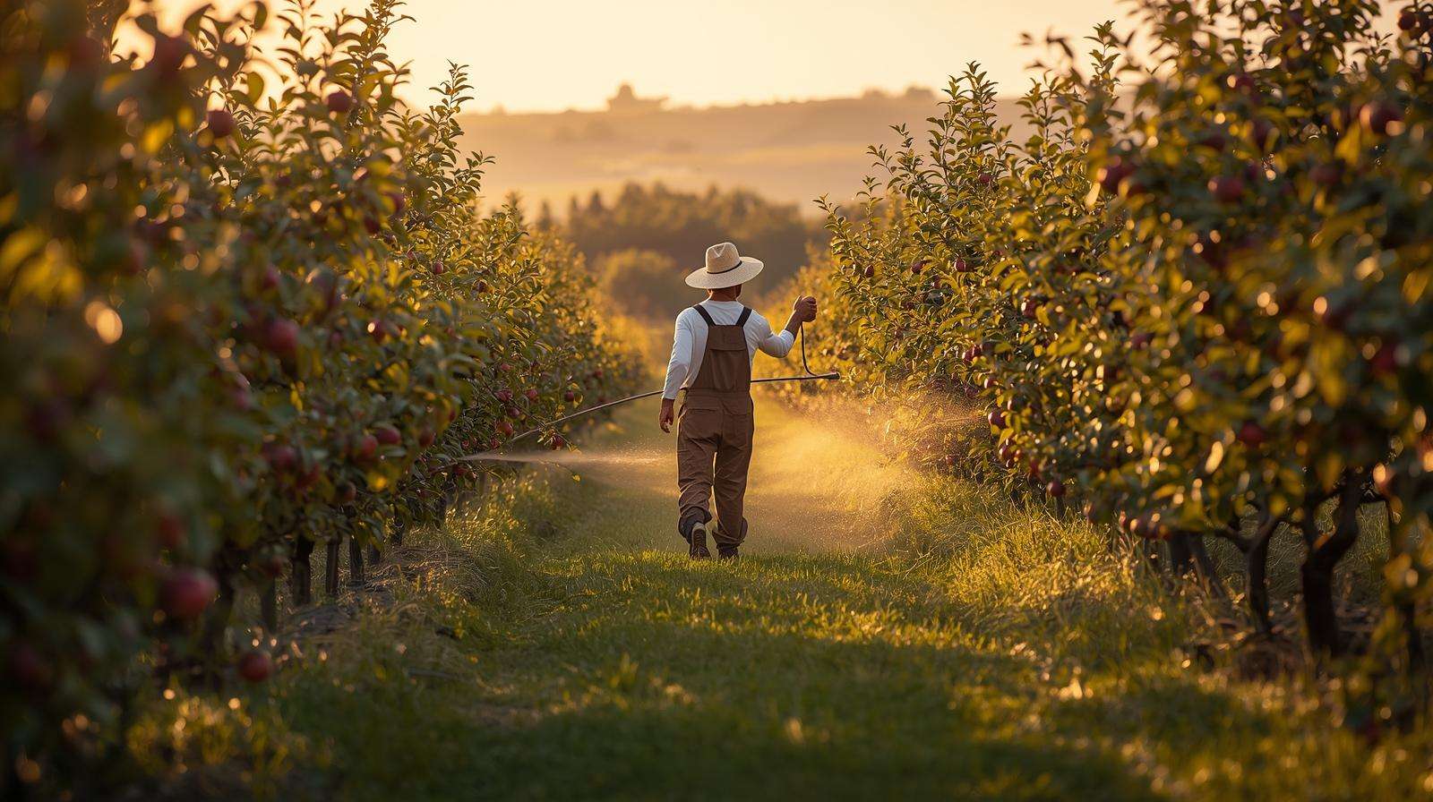 Farmer applying essential oil spray on apple trees for natural black fly repellent
