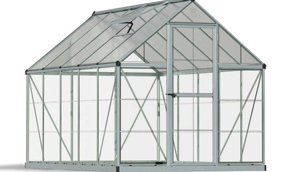 Palram - Canopia 6x10 Greenhouse for Outdoors, Walk-In UV Polycarbonate Panels Heavy Duty Aluminum Frame, Lockable Door, Adjustable Roof Vent, Rain Gutters, Galvanized Steel Base, Hybrid (Silver)
