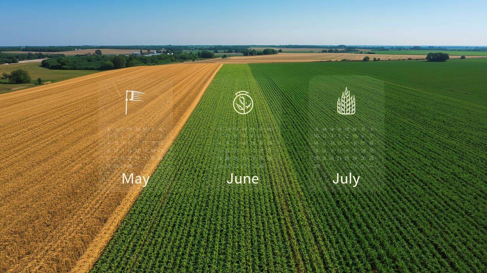 Aerial view of crop rotation timeline showing alfalfa harvest window between wheat and corn in sustainable farming
