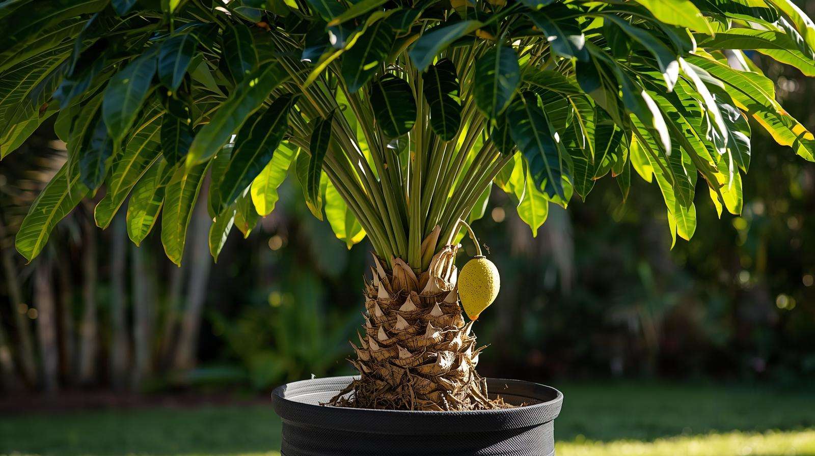 Compact ‘Lisa’ soursop tree in fabric pot ideal for growing health benefits of soursop leaves at home.