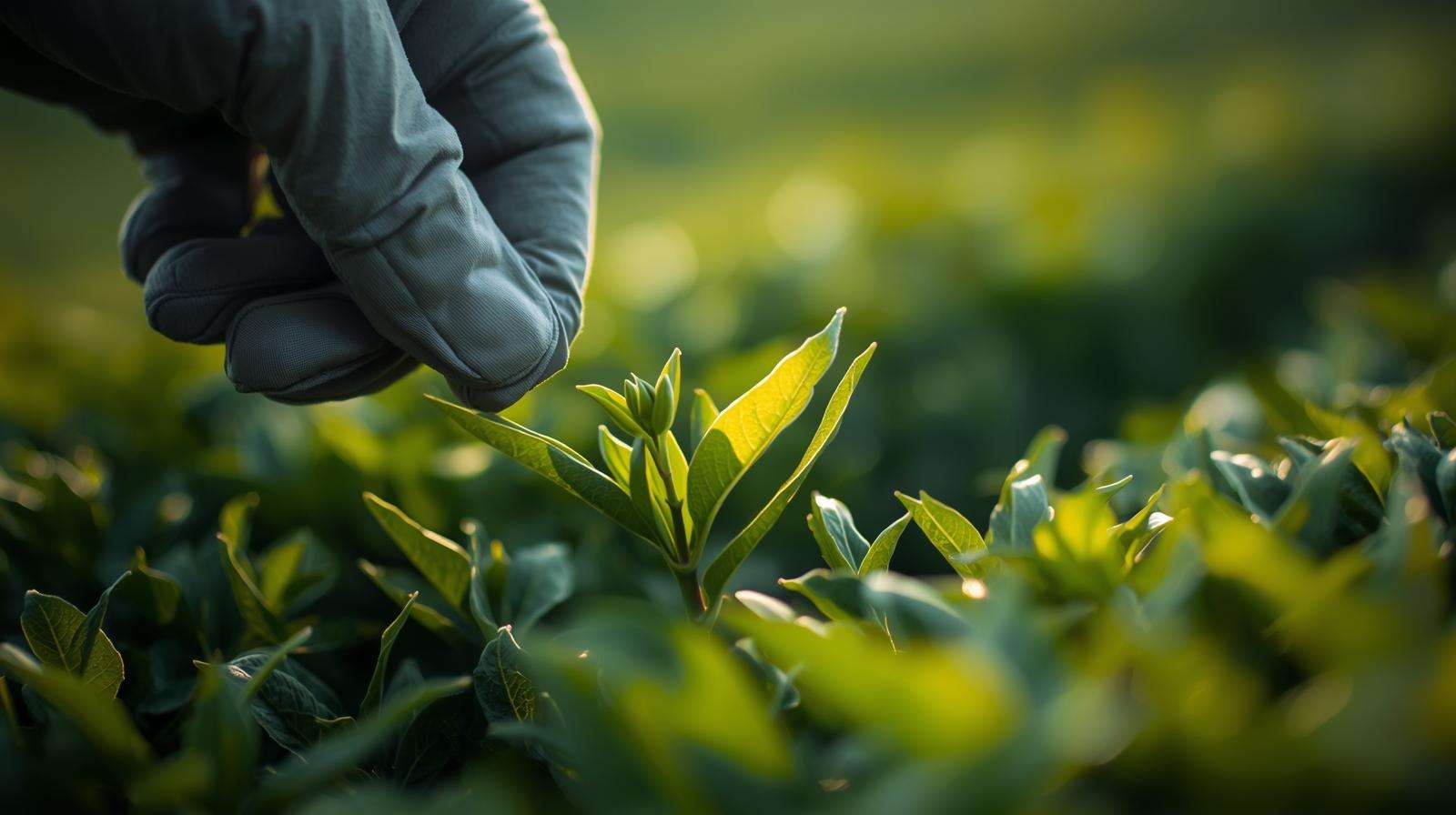 Hand-harvesting first-flush matcha tea leaves at ideal two-leaf-plus-bud stage.