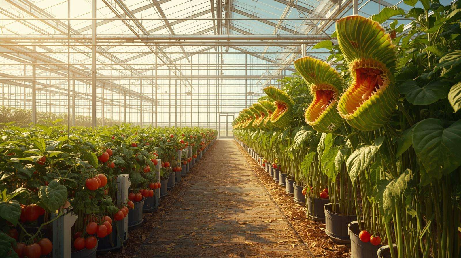 Rows of giant Venus fly traps in a commercial greenhouse alongside tomato plants for pest control.