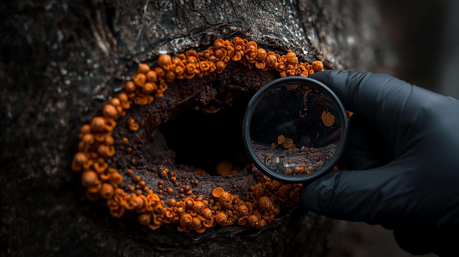 Eutypella canker on bark on maple trees with orange fruiting bodies under magnification.