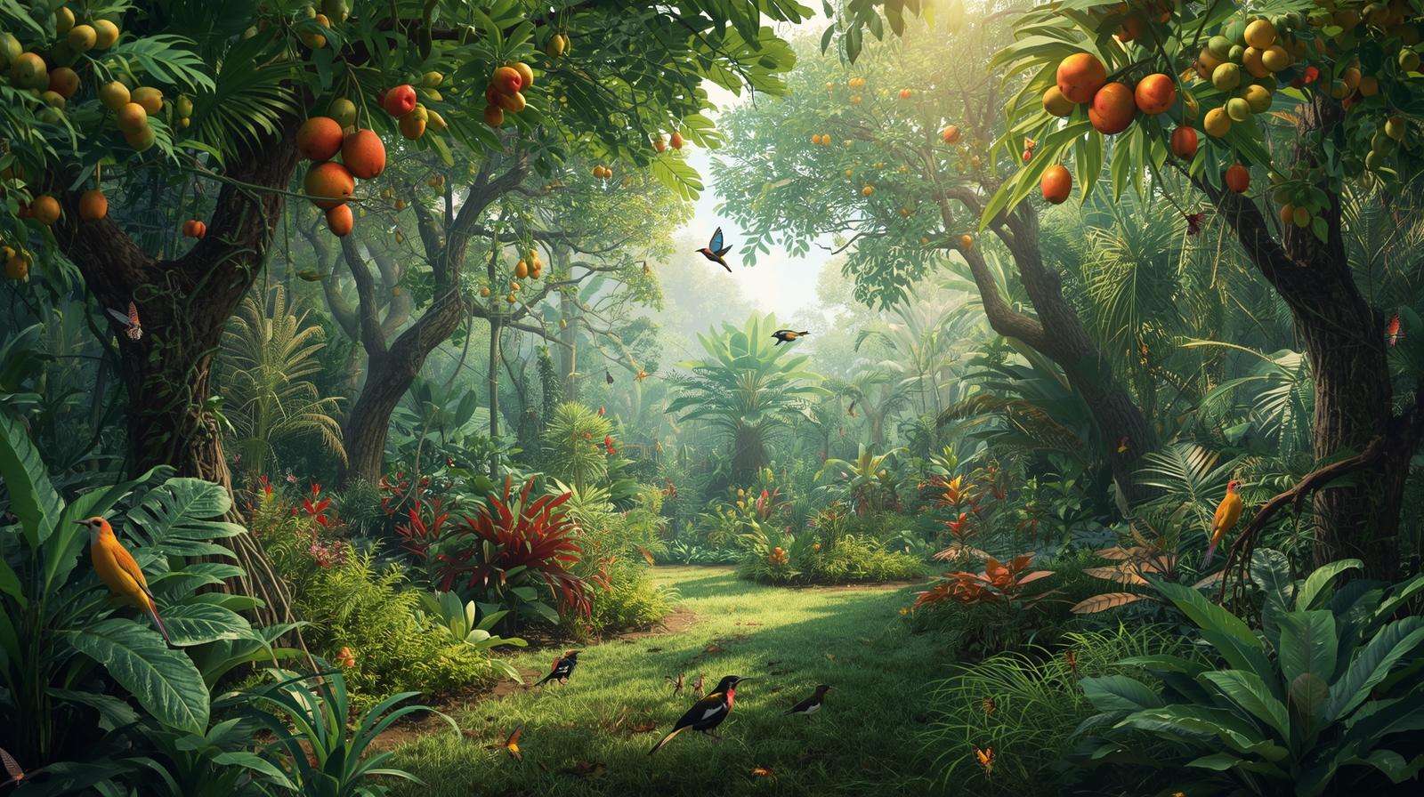 Tropical permaculture site with fruit trees and native vines hosting birds.