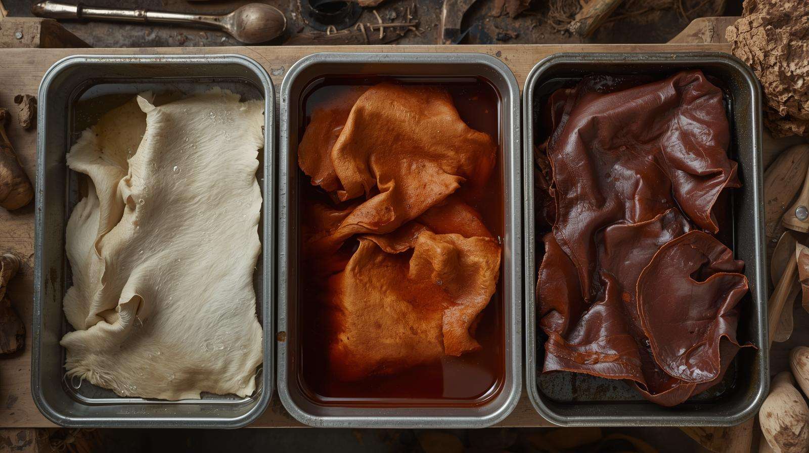 Three stages of vegetable tanning ecological leather in metal trays on farm workbench