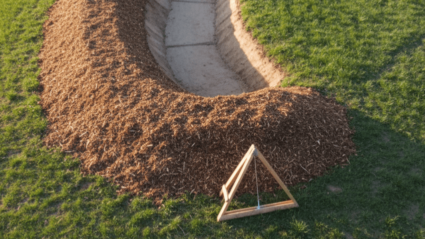 newly constructed permaculture swale with berm and mulch ready for planting