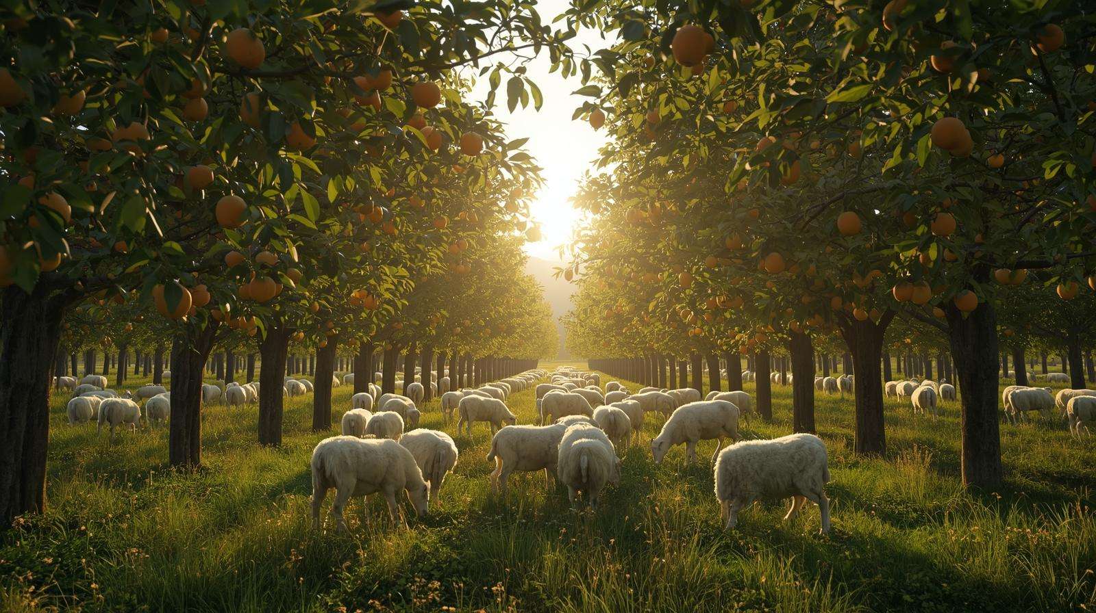 Mature silvopasture orchard with 200 fruit trees and 40 sheep showing dual-harvest permaculture wool system.