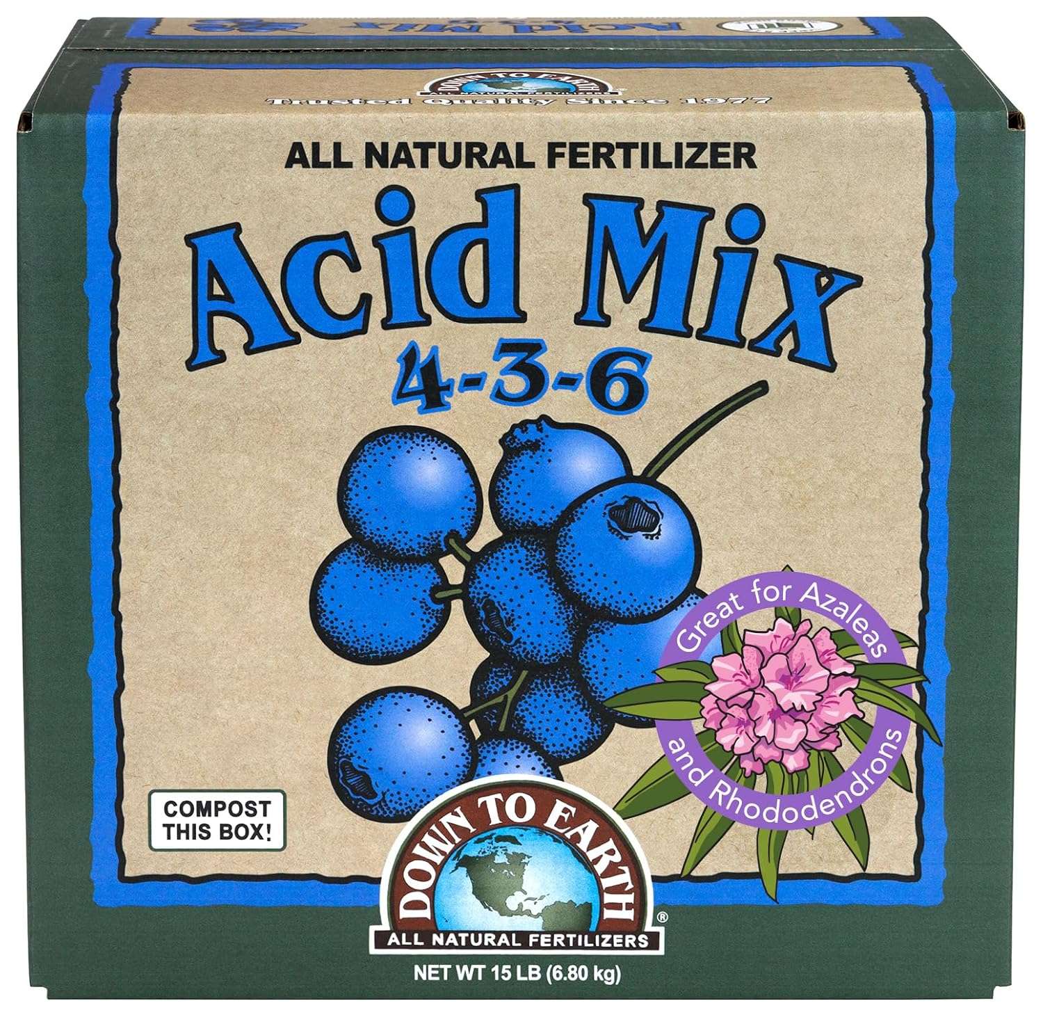 Down To Earth All Natural Fertilizers Organic Acid Mix - Plant Food for Blueberries, Raspberries, Azaleas and Rhododendrons 4-3-6, 15 lb