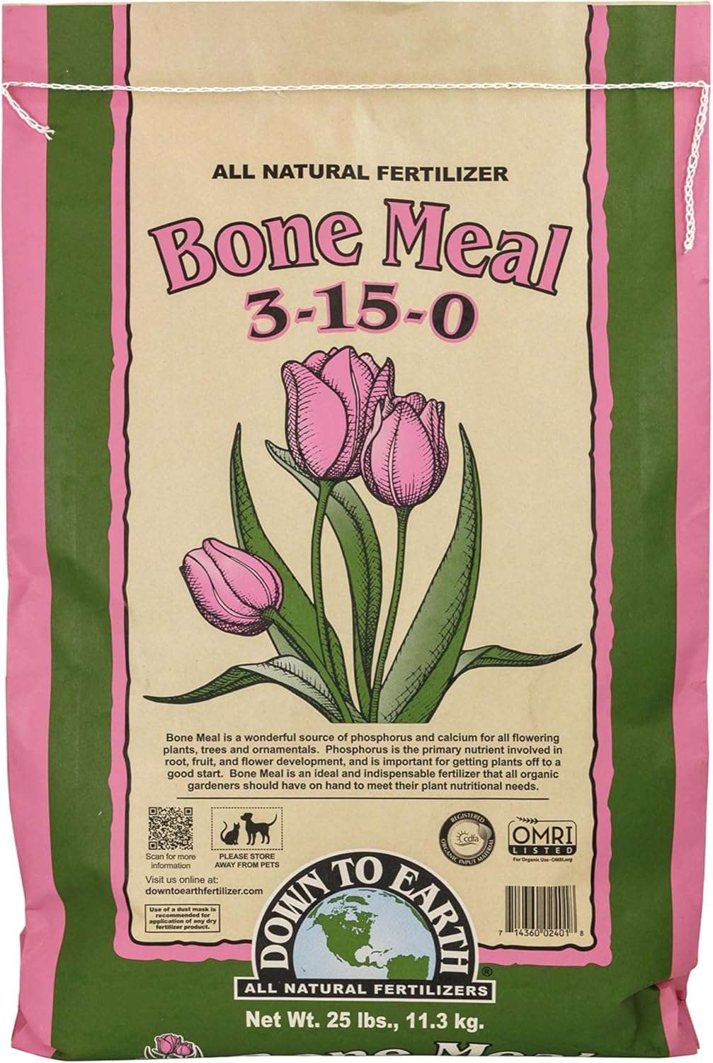 Down To Earth All Natural Fertilizers Organic Bone Meal - High Phosphorus Plant Food for Buds, Bulbs, Blooms, Flowers 3-15-0, 25 lb