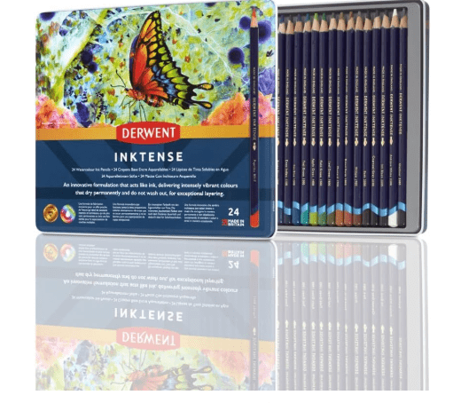 Derwent Inktense Pencils Tin, Set of 24, Great for Holiday Gifts, 4mm Round Core, Firm Texture, Watersoluble, Ideal for Watercolor, Drawing, Coloring and Painting on Paper and Fabric