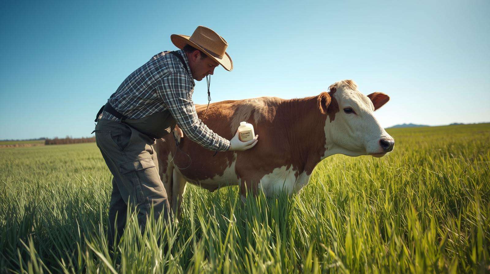 Farmer applying garlic and pepper extract on cow for natural black fly control