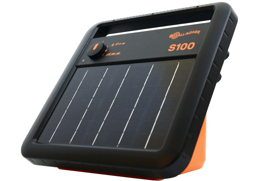 Gallagher S100 Solar Electric Fence Charger | Powers Up to 30 Mile / 100 Acres of Fence | Low Impedance, 1.0 Stored Joule Energizer | Battery Saving Technology | Solar Battery & Leadsets Included
