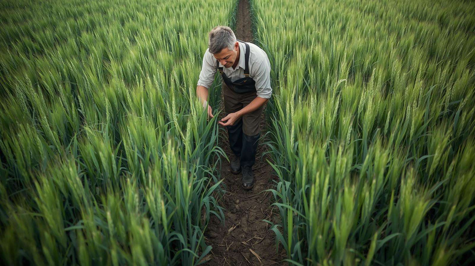 Dense Spanish barley canopy at GS39 showing complete weed suppression and bare soil