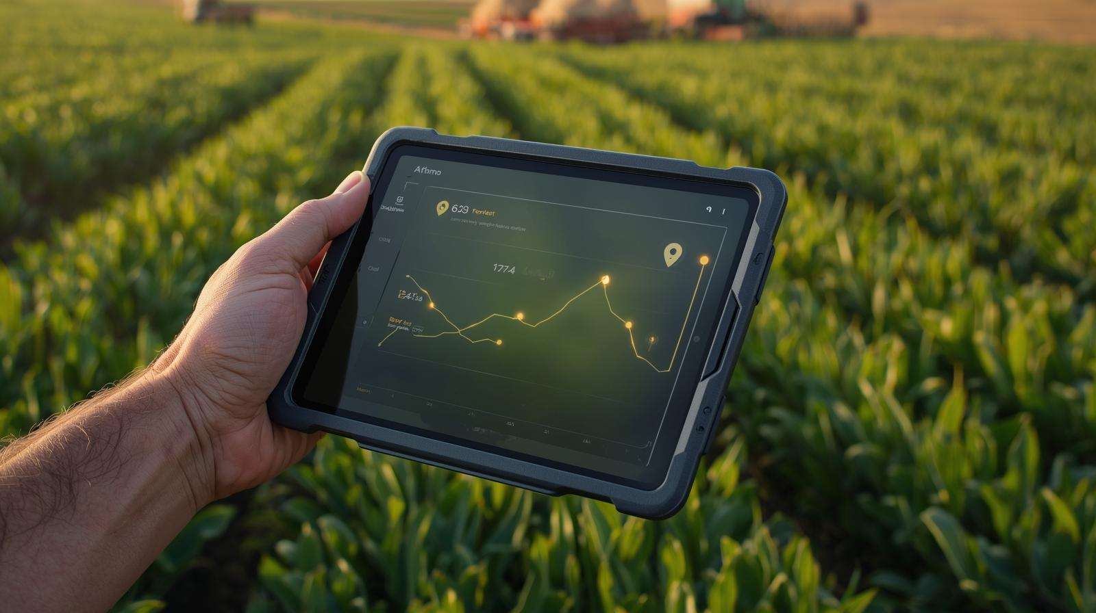 Farmer using digital hay marketplace on tablet in alfalfa field to sell directly to buyers