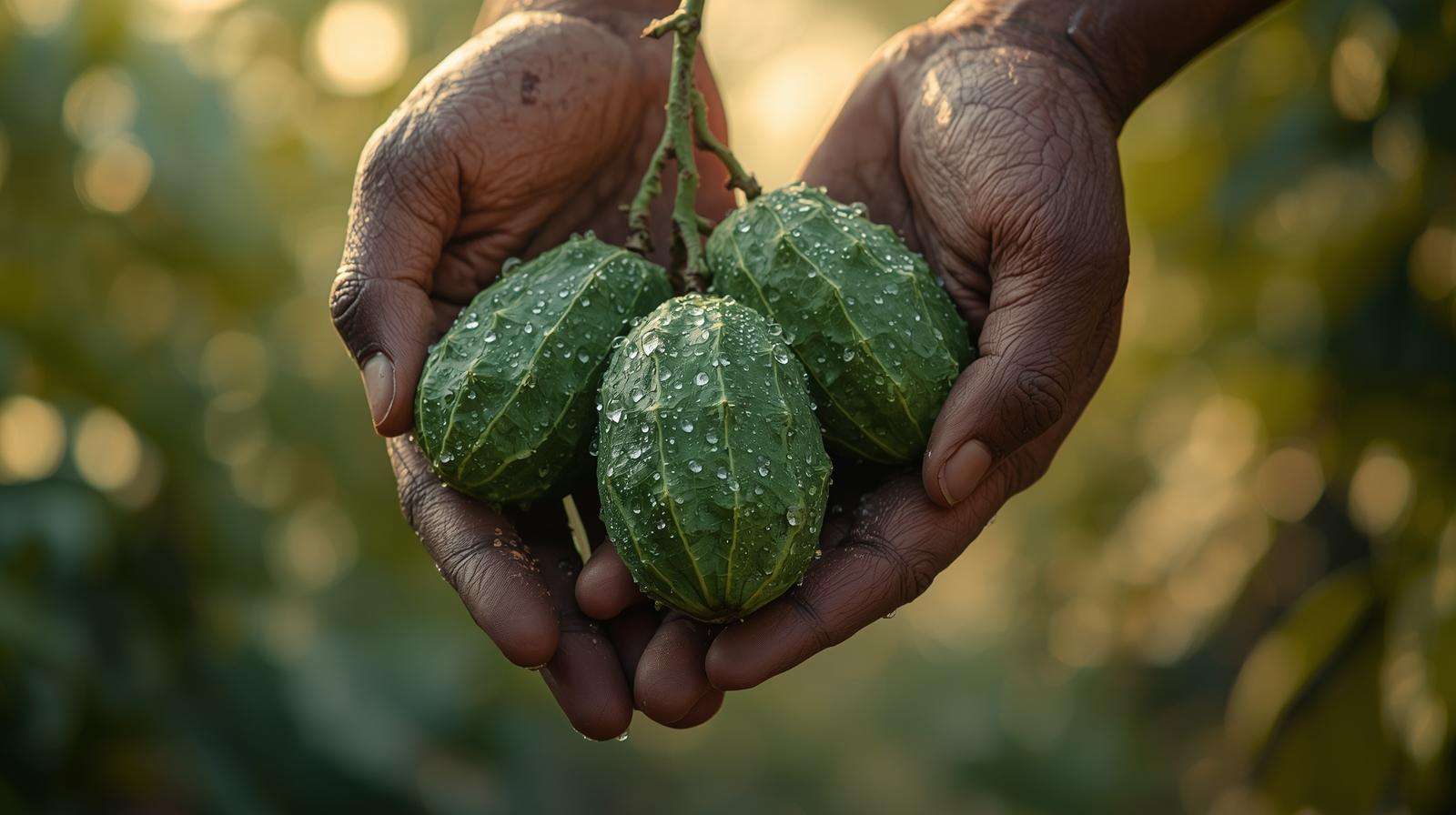 Harvesting mature soursop leaves at dawn to maximize health benefits of soursop leaves.