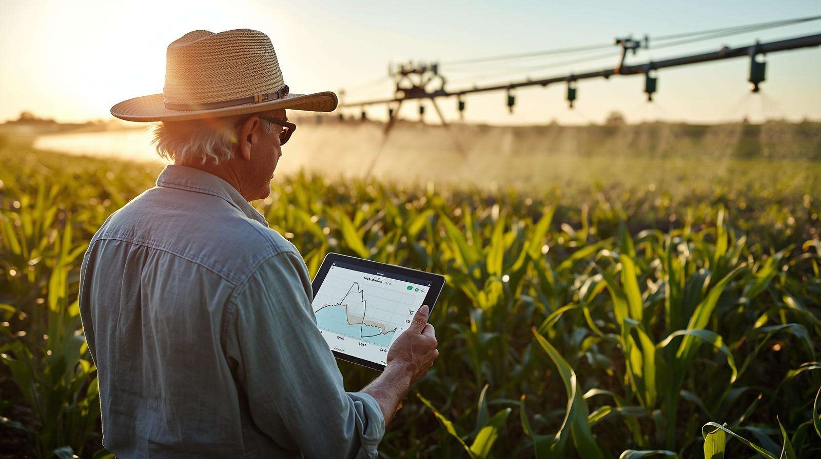 Farmer using real-time soil moisture data to manage zero retention irrigation via automated pivot.