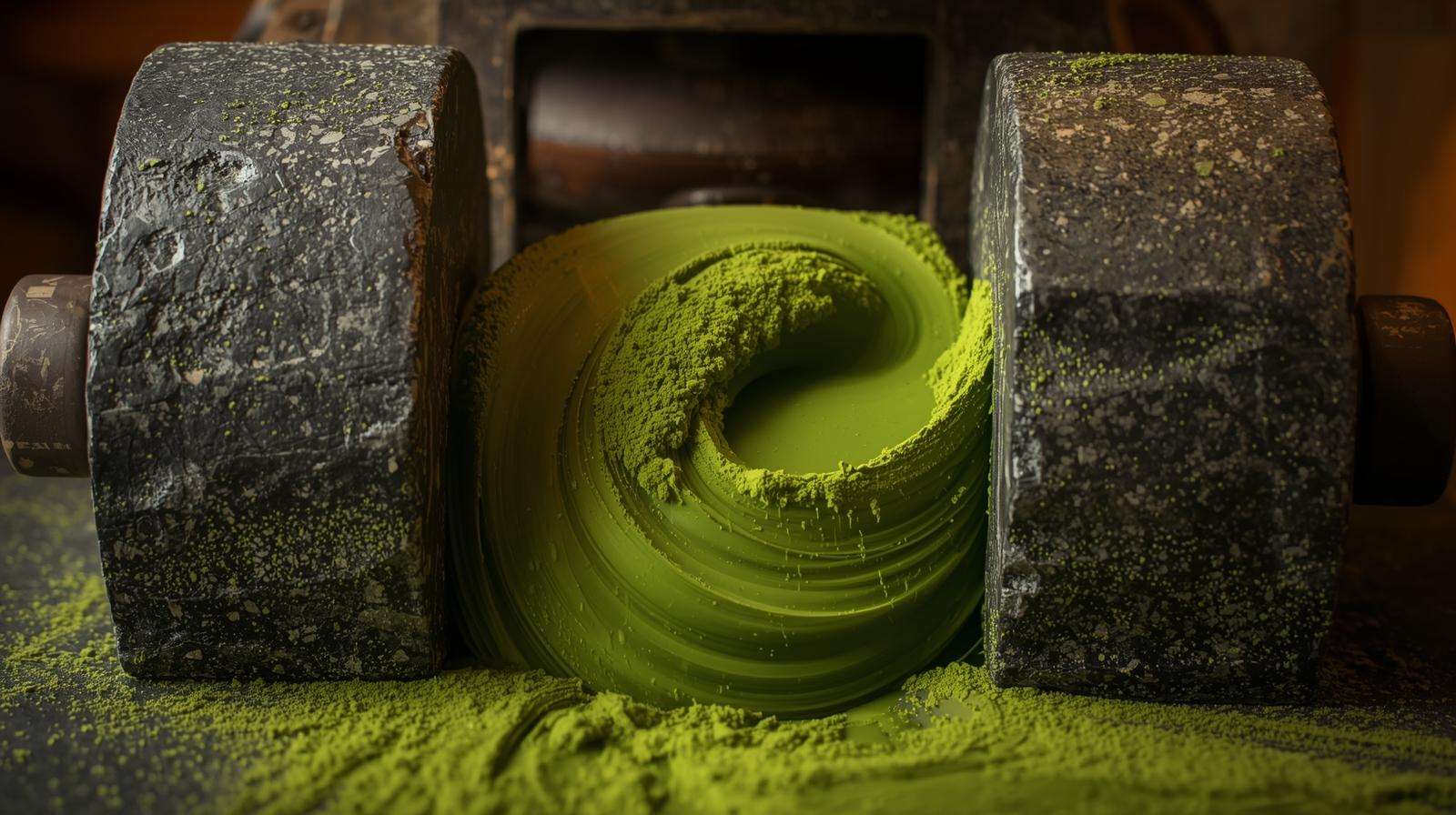 Home stone mill grinding shaded matcha tea leaves into ultra-fine premium powder.