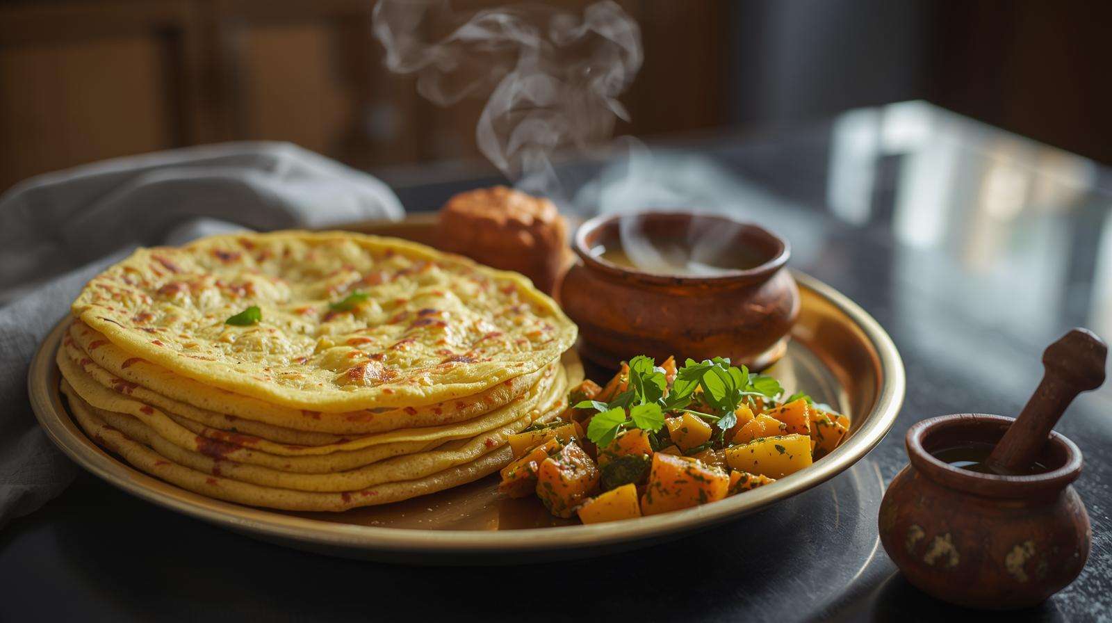 Traditional Indian dishes using fresh methi leaves: paratha, aloo methi, and wellness tea.