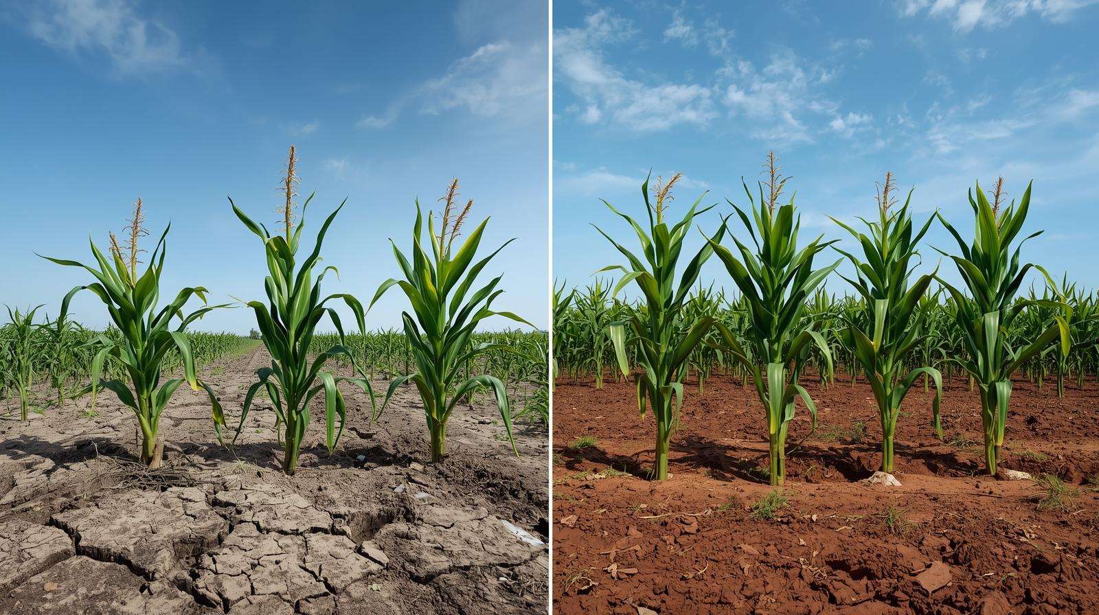 Before and after: maize field damaged by baby termites vs. recovered with natural control