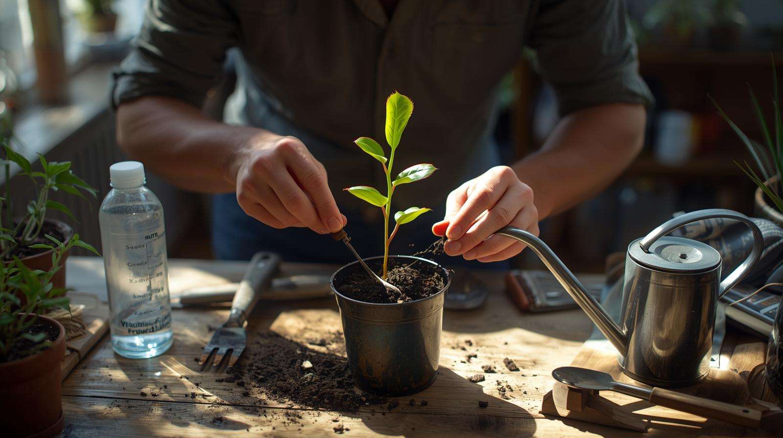 Person planting a Venus fly trap cutting in a pot with acidic soil for propagation.