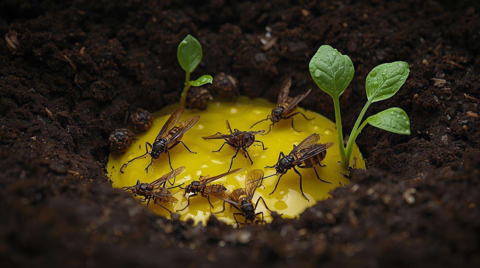 yellow sticky trap capturing winged root aphids in lettuce bed
