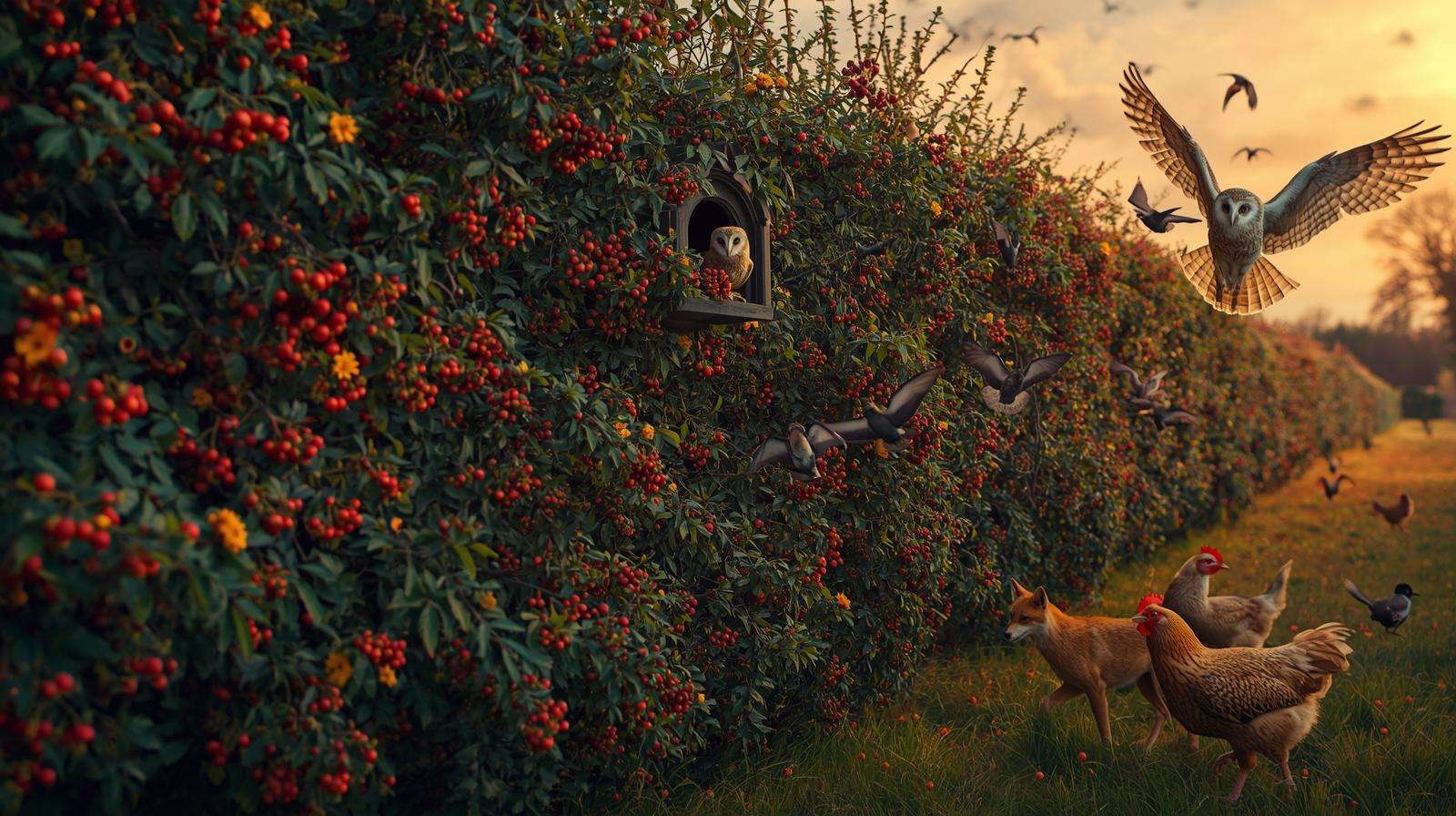 Trophic rewilding hedgerow with nest boxes, bats, raptors and mesopredators achieving 97% natural pest control Image 5 – 90-Day Transformat