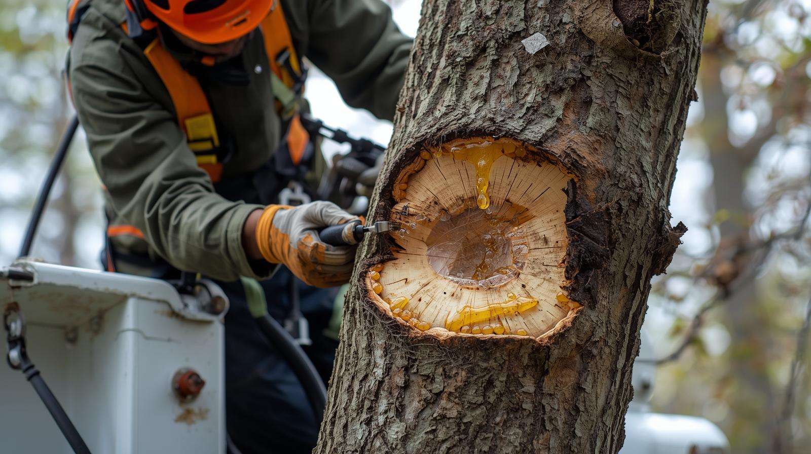 Professional excision of diseased bark on maple trees to promote natural callus healing.