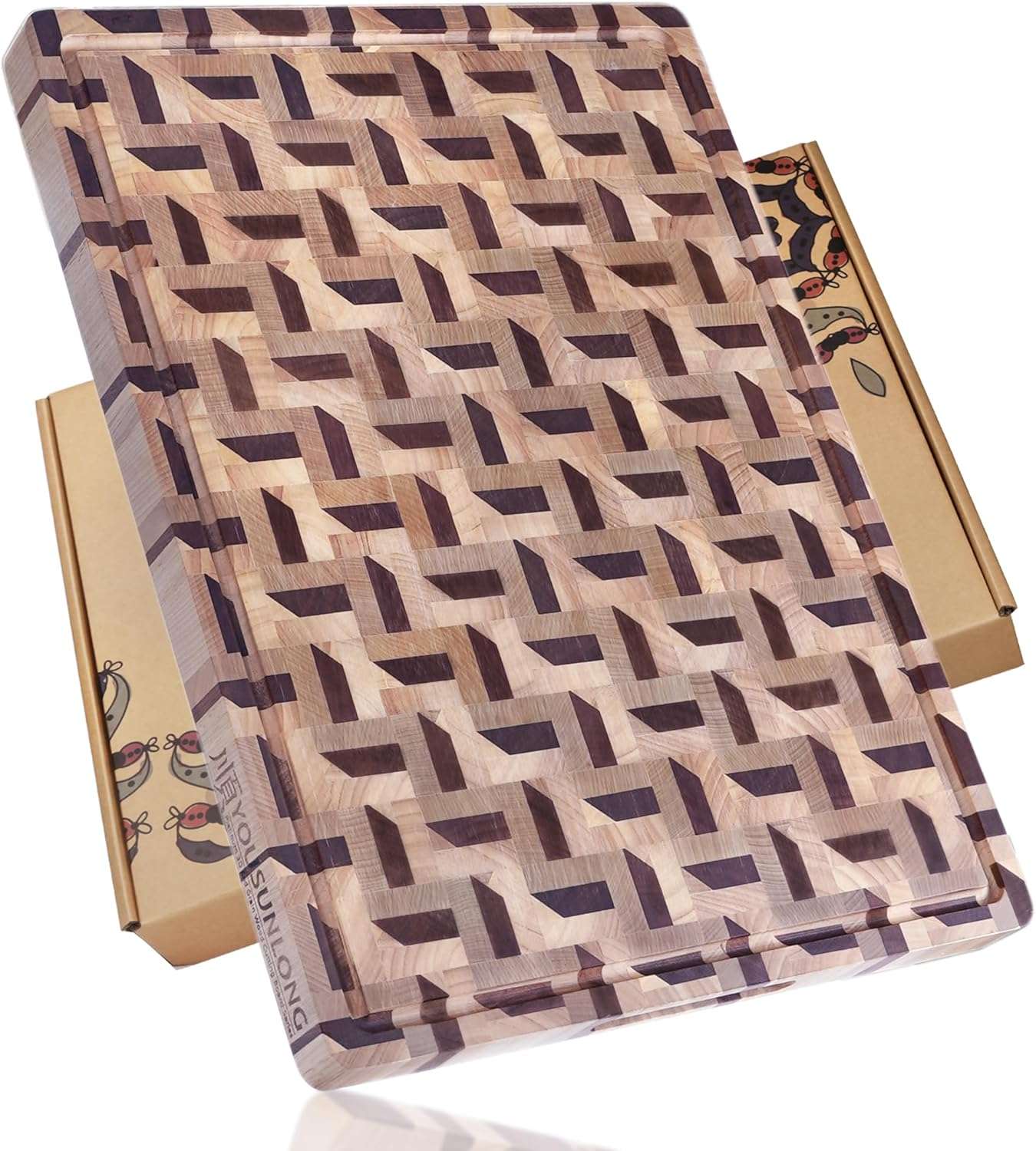 YOUSUNLONG End Grain Cutting Board - 3D Zigzag Pattern Walnut & Maple Butcher Block XXL Brisket Board - 24"L x 18"W x 1.5" Thick w/Juice Groove and Handles - Barbecue Tray,Cooktop Board;Cheese Board