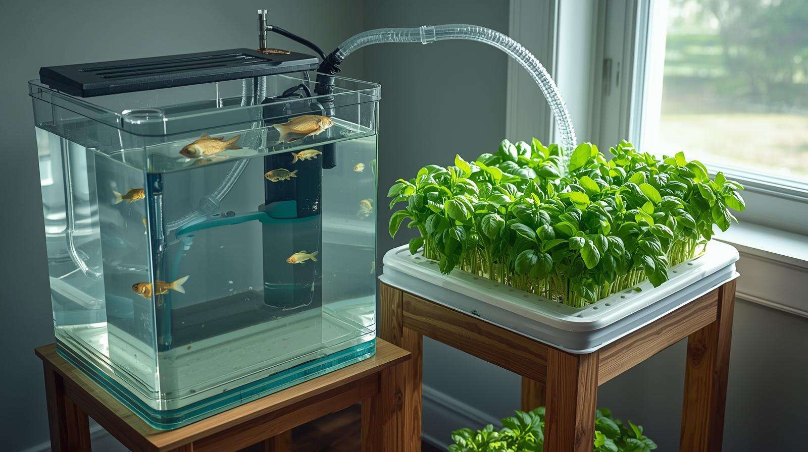 50-gallon ecology fish tank with integrated aquaponics raft growing edible basil