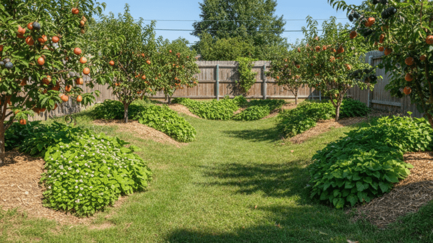 urban permaculture swale system supporting thriving fruit tree guild in backyard