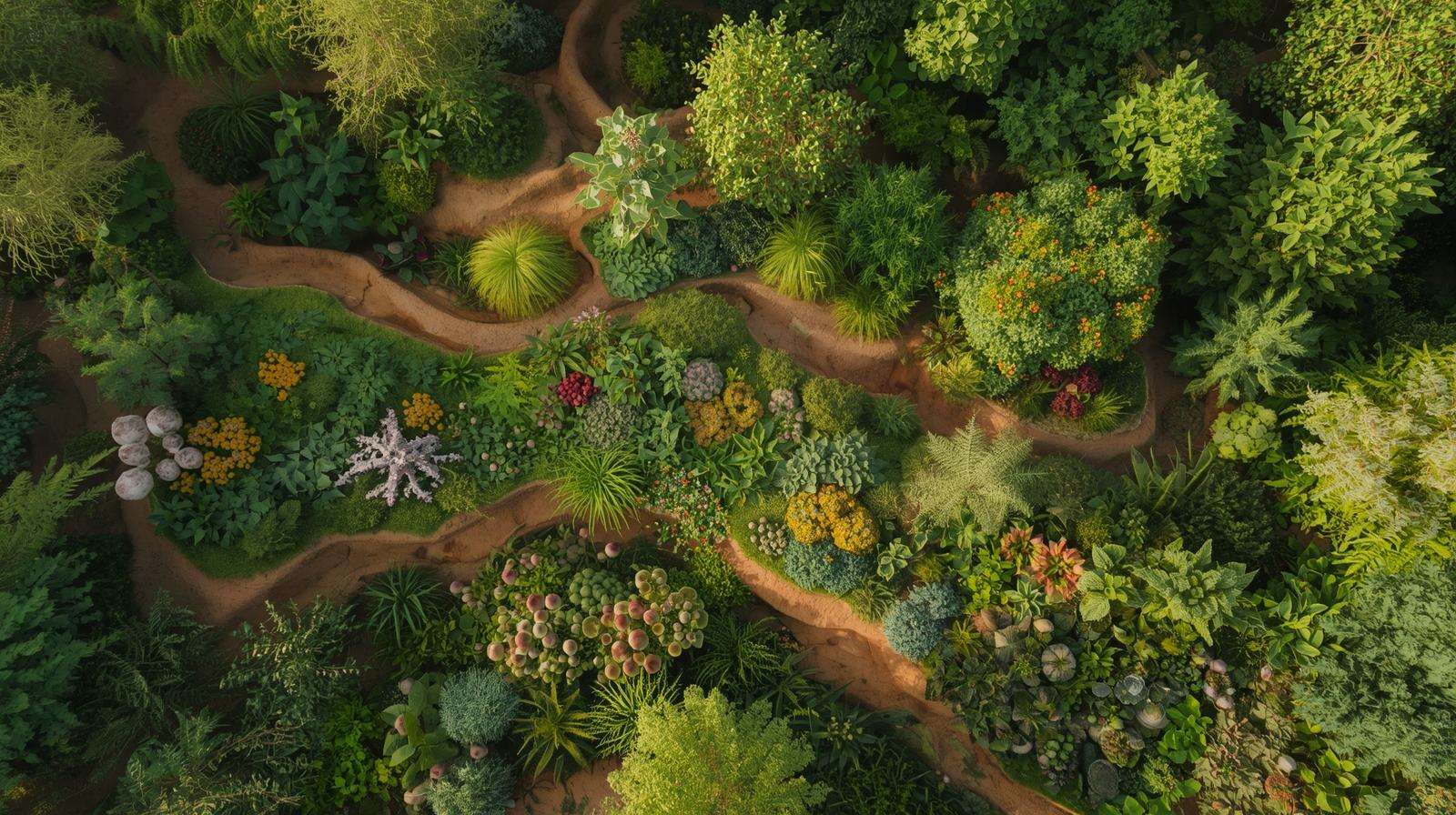 Mature permaculture berm and swale system with fruit tree guilds, nitrogen fixers, and diverse plant layers